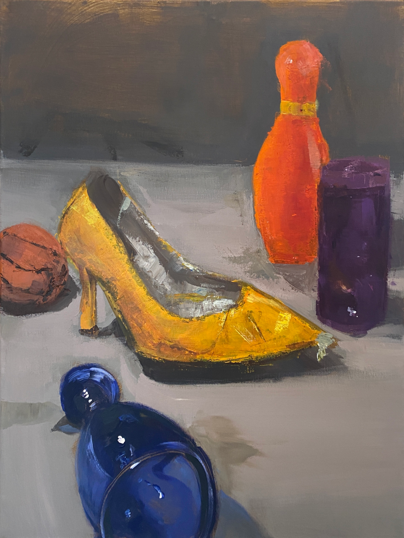 Image ID: A still life painting of a high heel, fluorescent bowling pill, candle, blue glass, and miniature toy basketball against a gray background.