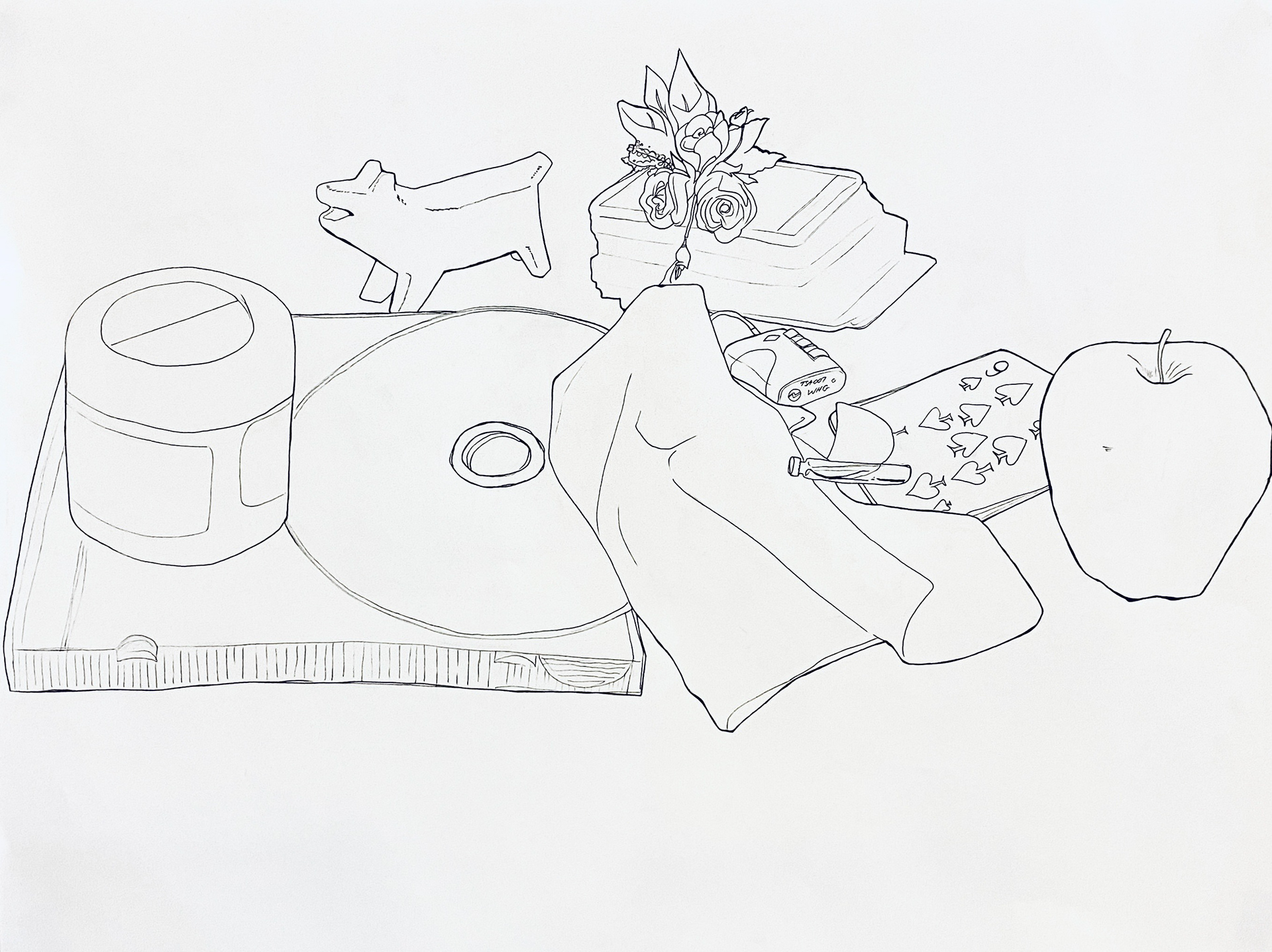 Image ID: Drawing with detailed ink marker linework depicts objects such as a deck of cards, lock, handkerchief, posy of roses, vial, circular container, dog-shaped statuette, apple, CD and case.
