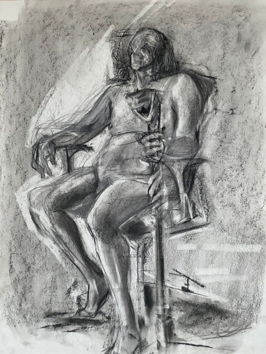 Image ID: A charcoal drawing with intense shadows of a seated nude man holding a scepter.