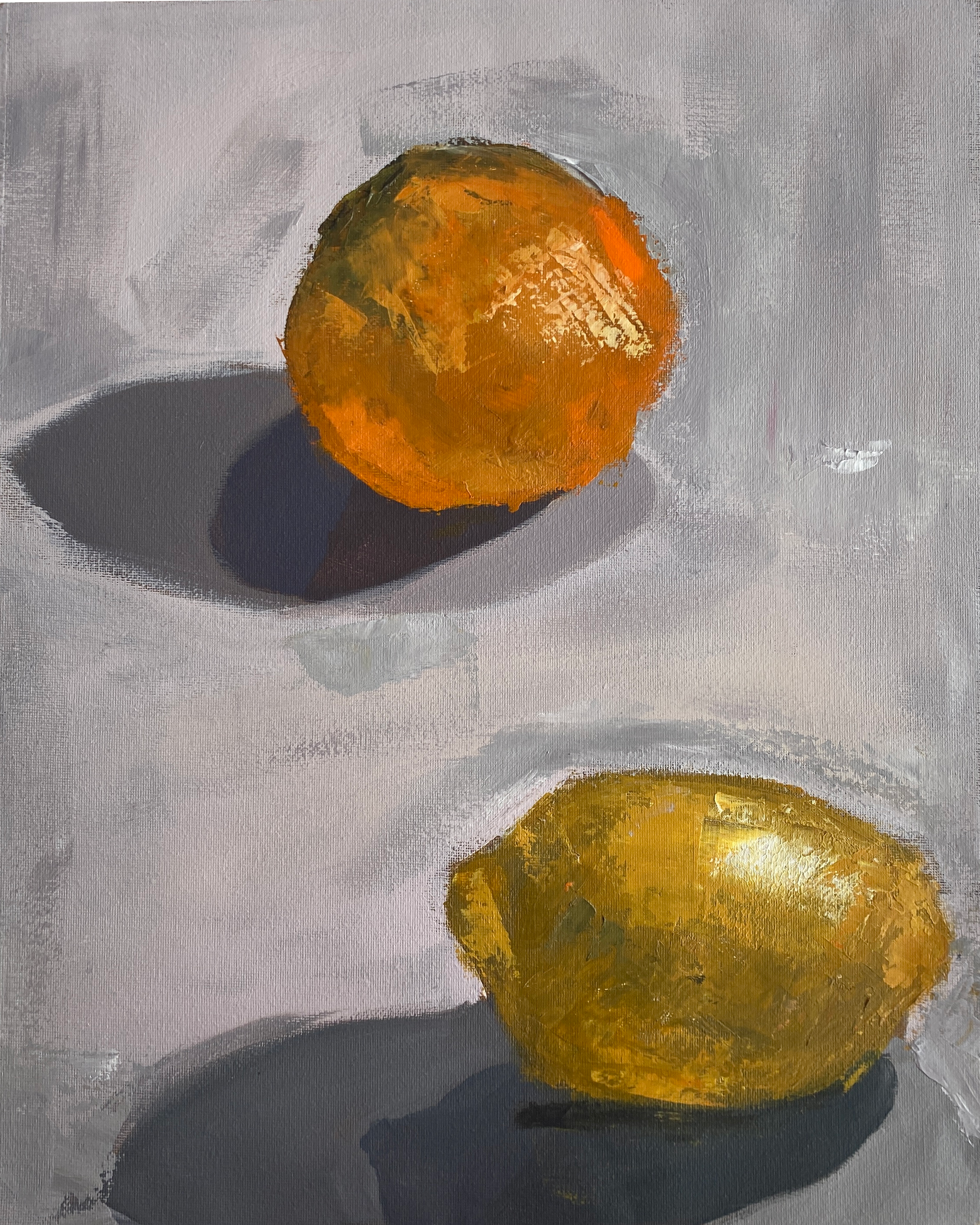 Image ID: A still life painting of a lemon and orange against a gray background