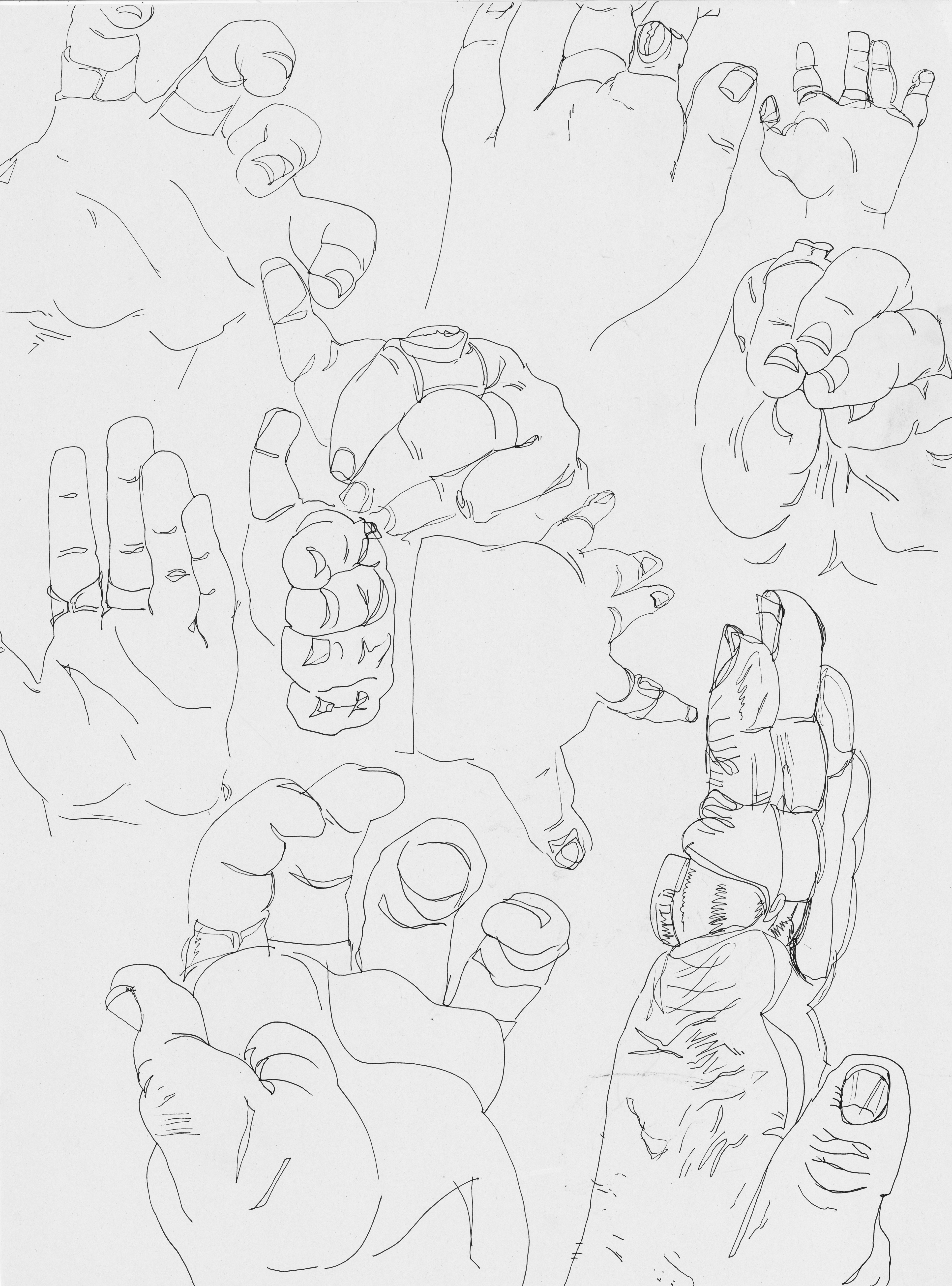 Image ID: A vertical spread composed of multiple detailed linework drawings of a fleshy hand wearing a ring at different angles and sizes.
