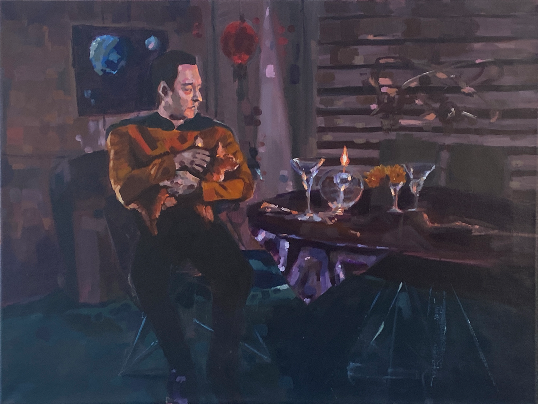 Image ID: Semi-realistic painting of a pale man with a cat in a dim room.