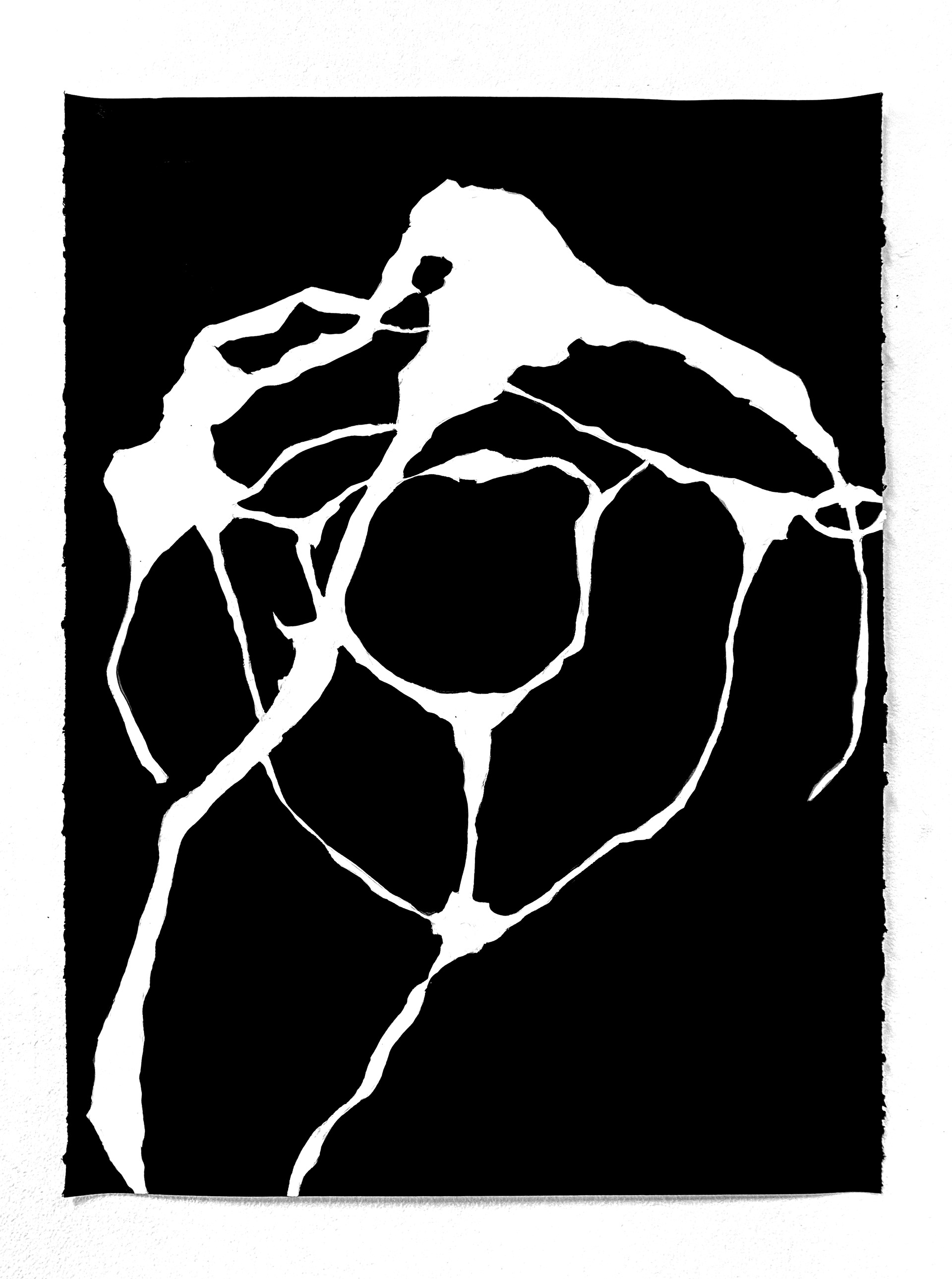 Image ID: A stark black and white image of an ink painting that has spiral or web-esque shapes. The painting is mostly black with white wire lines in the center.