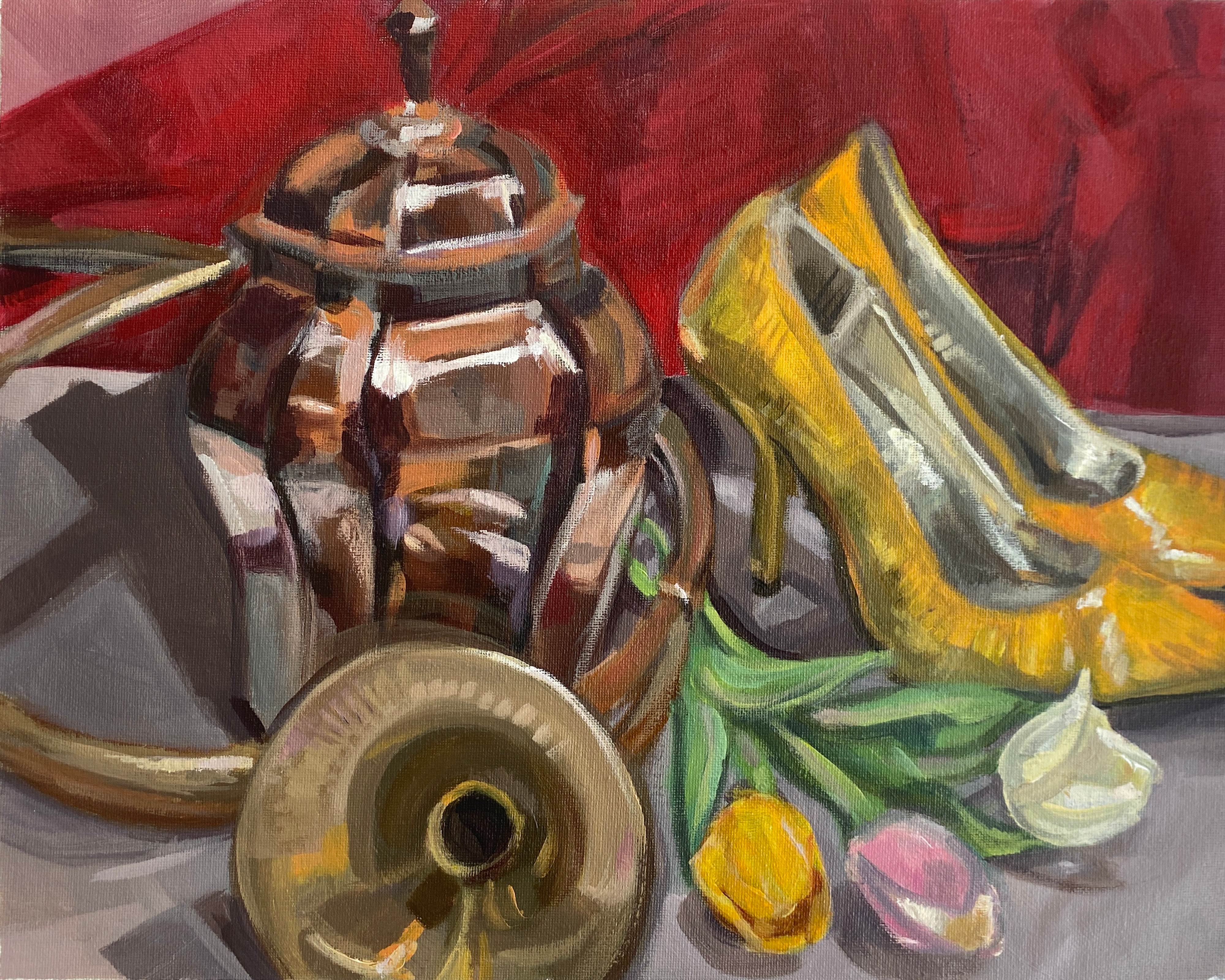 Image ID: Semi-realistic impressionistic still life painting of a metal vase, high heel shoes, a horn, and tulips.