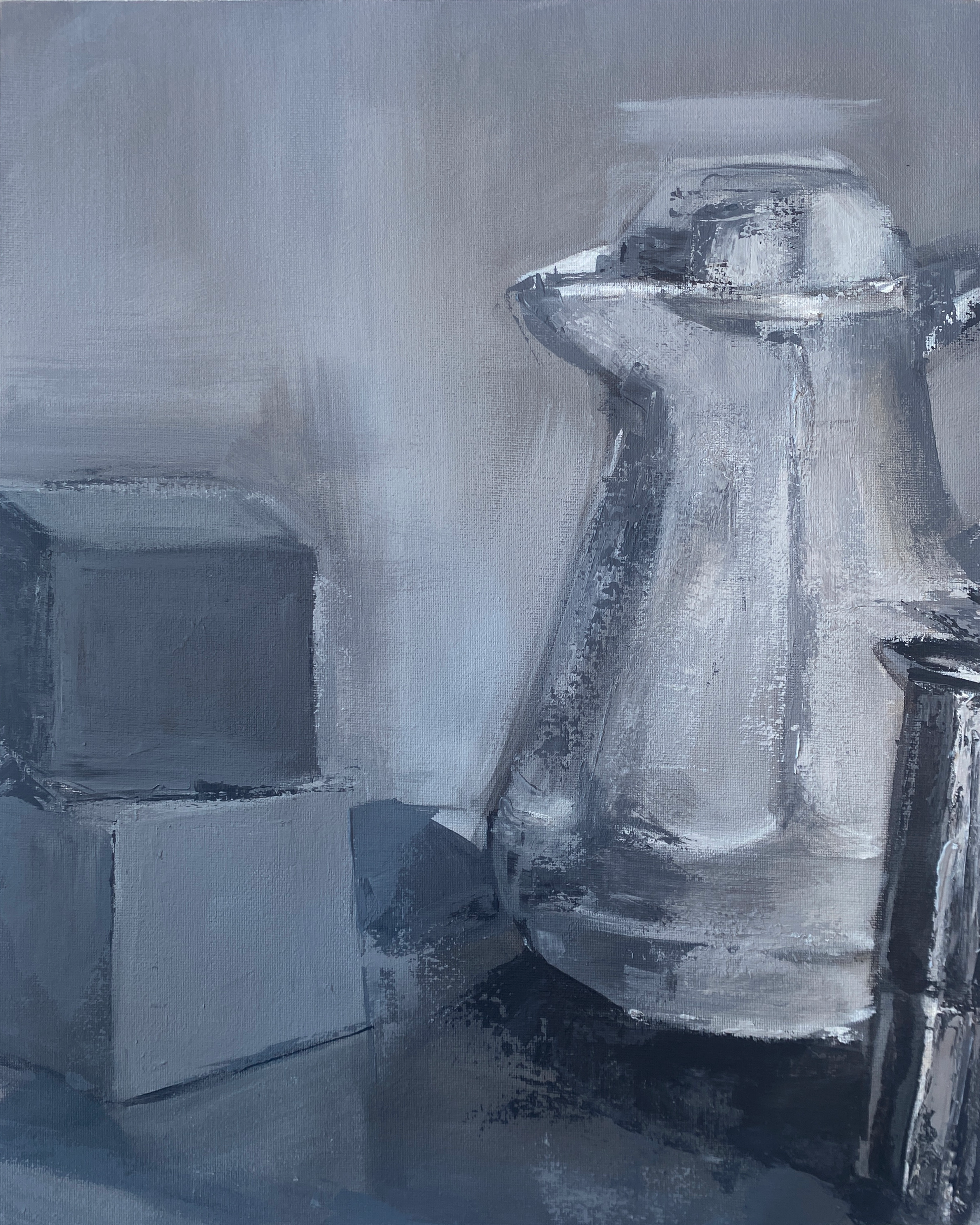 Image ID: A grayscale still life painting of a pitcher, kettle, and cubes