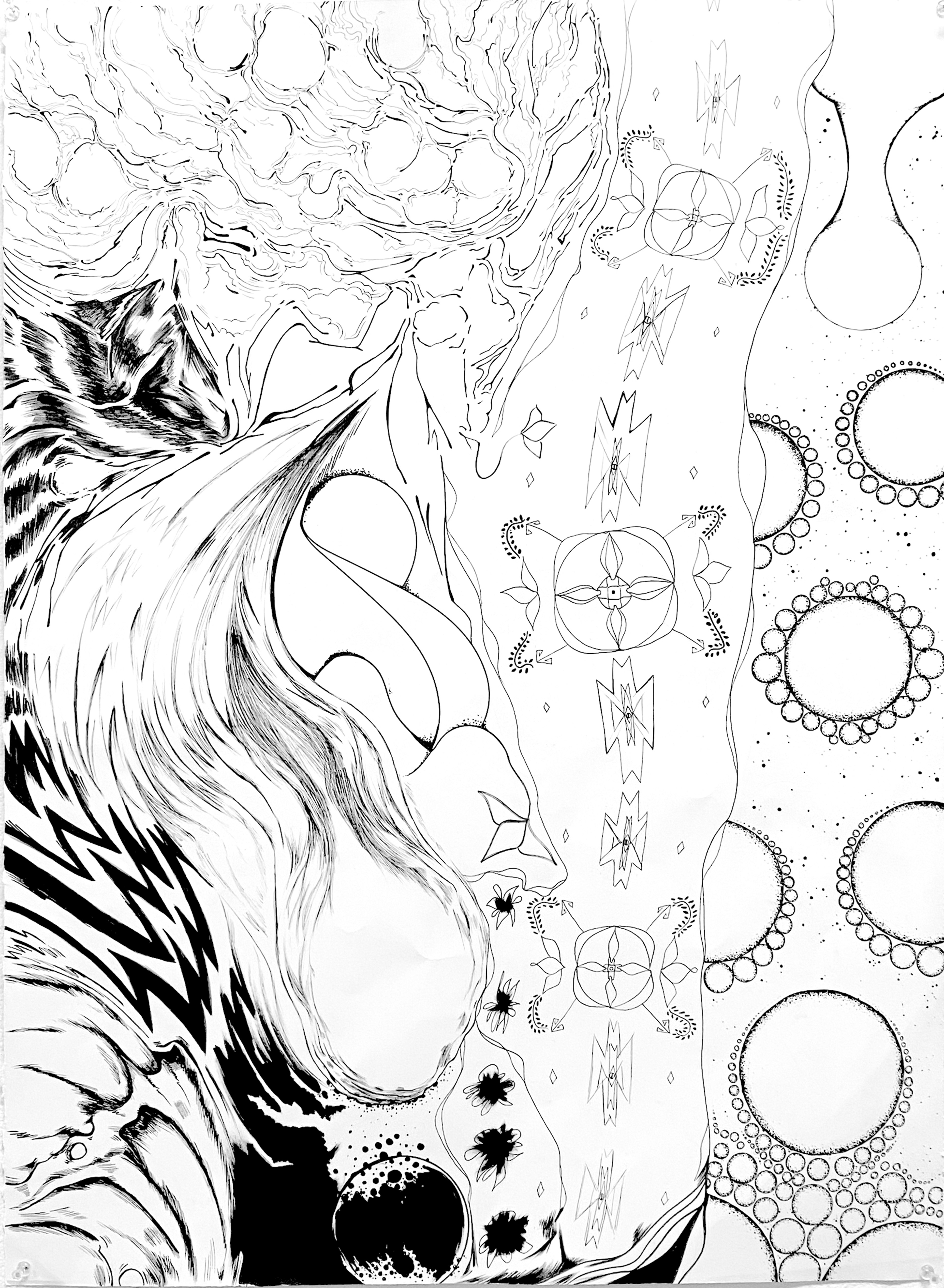 Image ID: Lines on the paper are, at different places, thick, geometric, organic, curvaceous, and form patterns, transitioning between the qualities from left to right. The composition is stratified and vertical.
