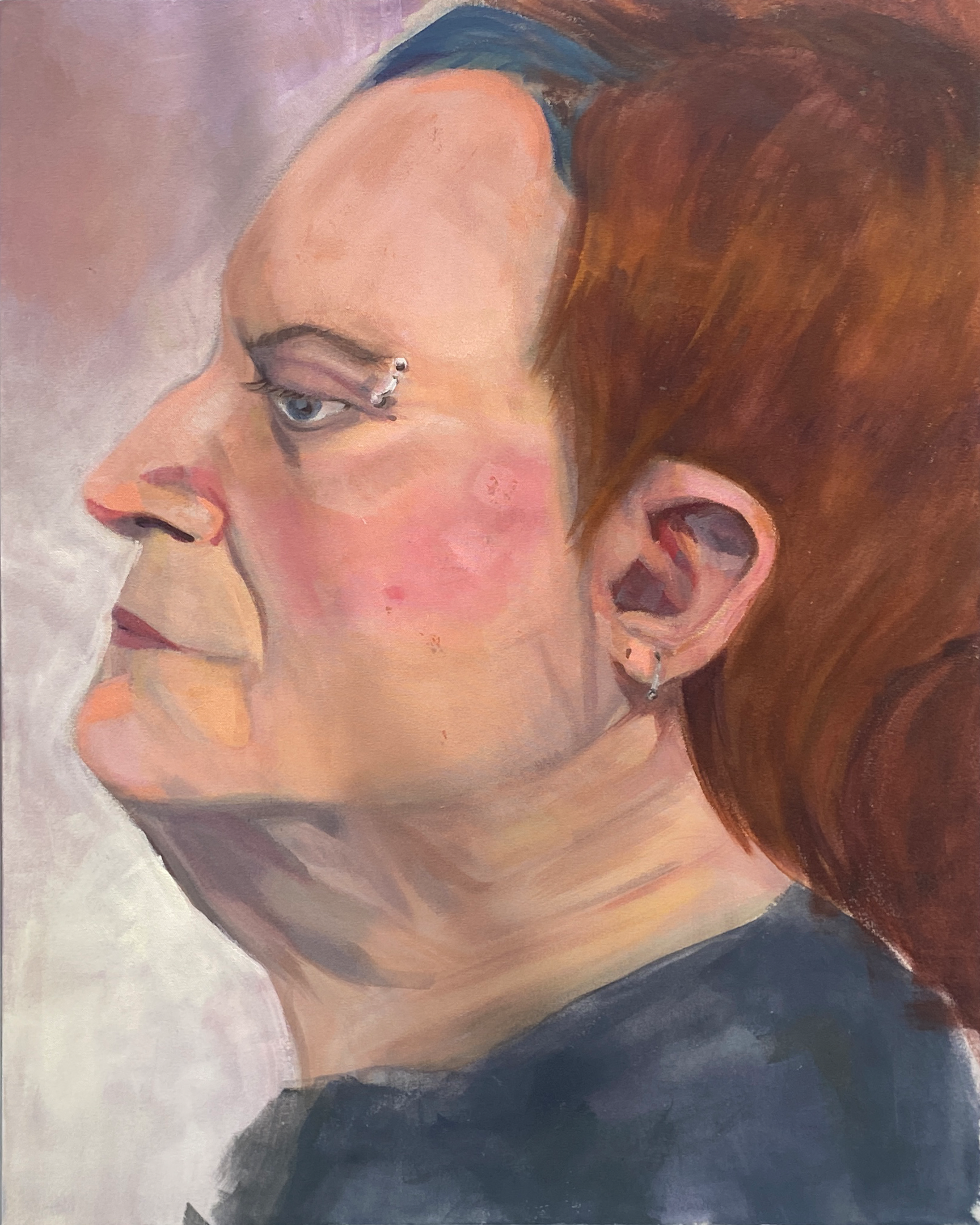 Image ID: A painting of the profile of an older white woman's face and neck. She has short ginger and blue hair. The background is a blank pale purple.