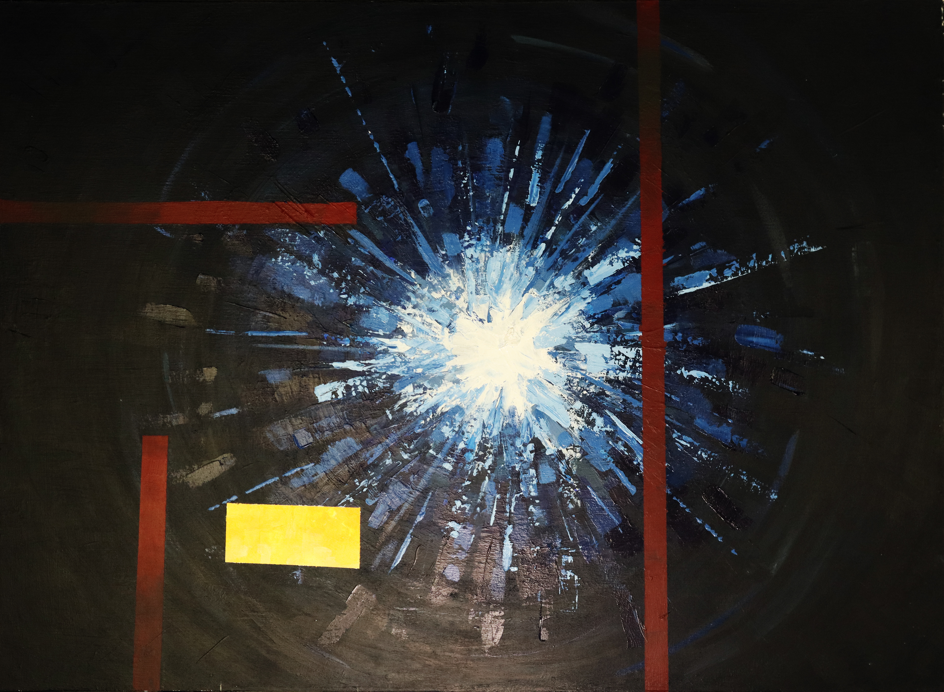 Image ID: An abstract painting of blue geometric shapes emanating from the white-colored center of the composition. There are also red lines and a yellow rectangle at the edges of the composition.