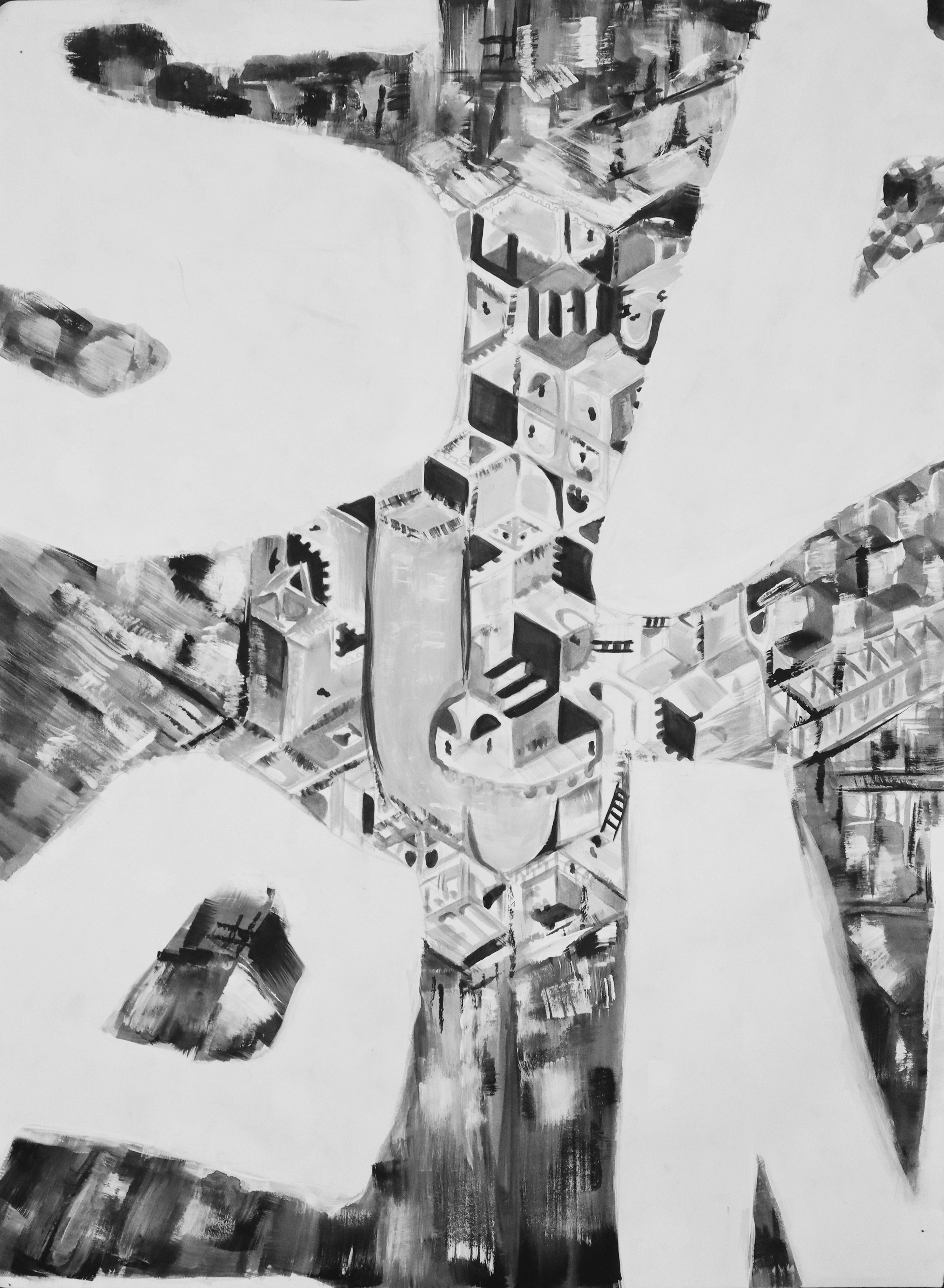 Image ID: The painting is monochromatic, in grayscale. Around the corners of the vertical composition, letters which are cut off spell "Seen". The center of the painting has an Escher-esque isometric perspective structure which at the edges blurs.