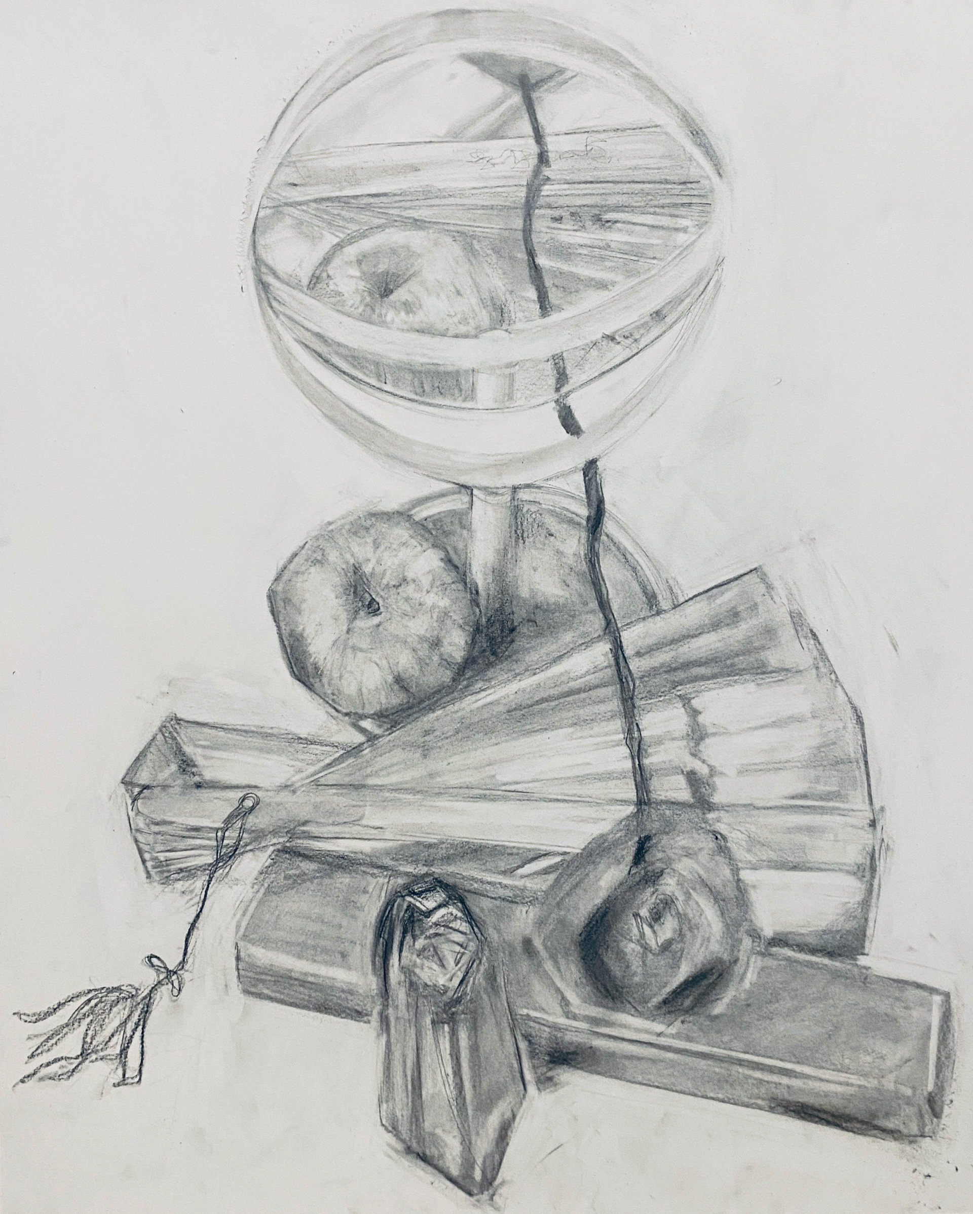 Image ID: A still life in monochromatic gray graphite. The objects, a perfume bottle, mirror, fan, rectangular case, apple, and flower, are portrayed against a blank background.