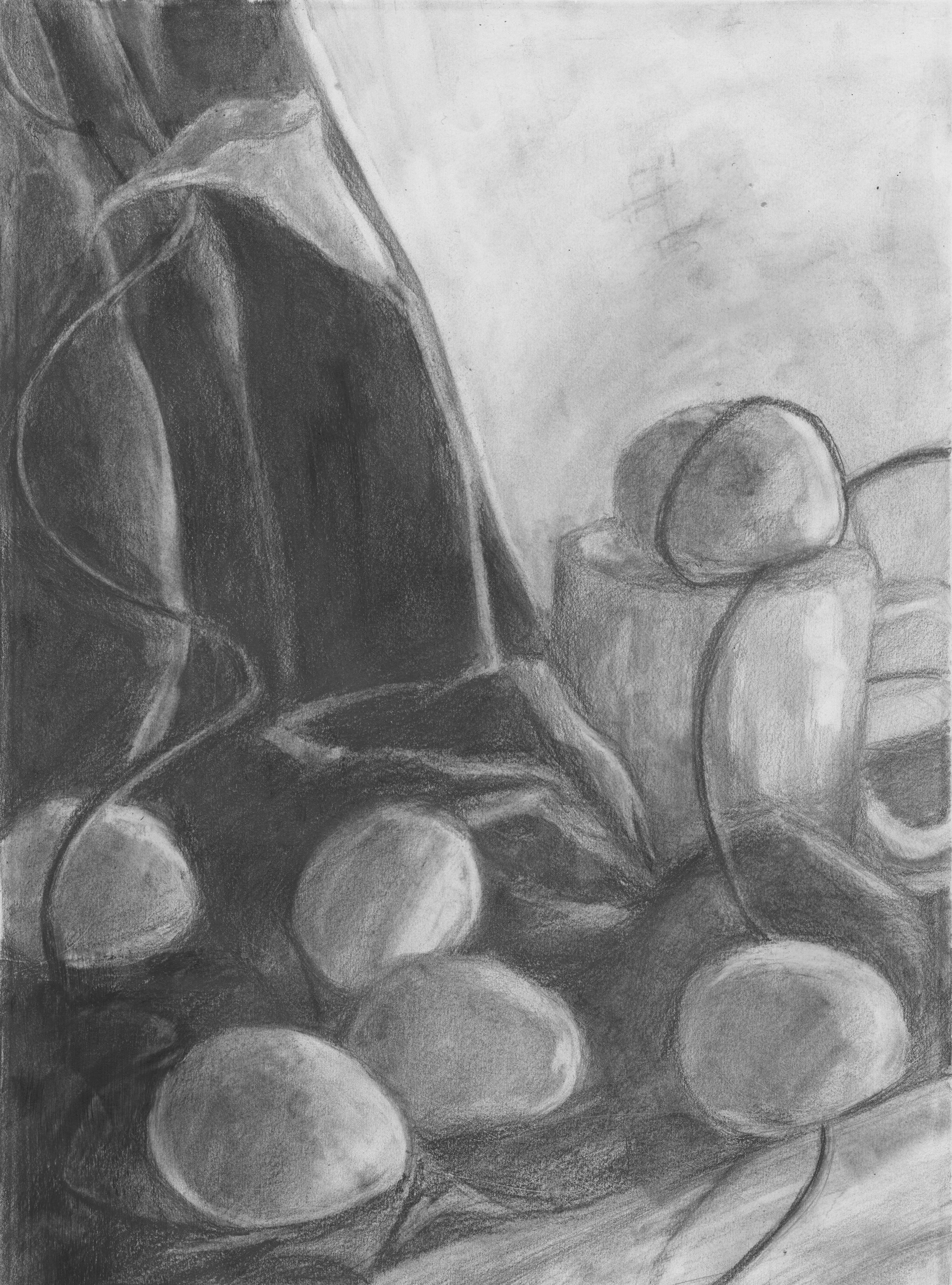Image ID: A graphite drawing of a flower, mug, wire, and six eggs against a dark cloth backdrop.