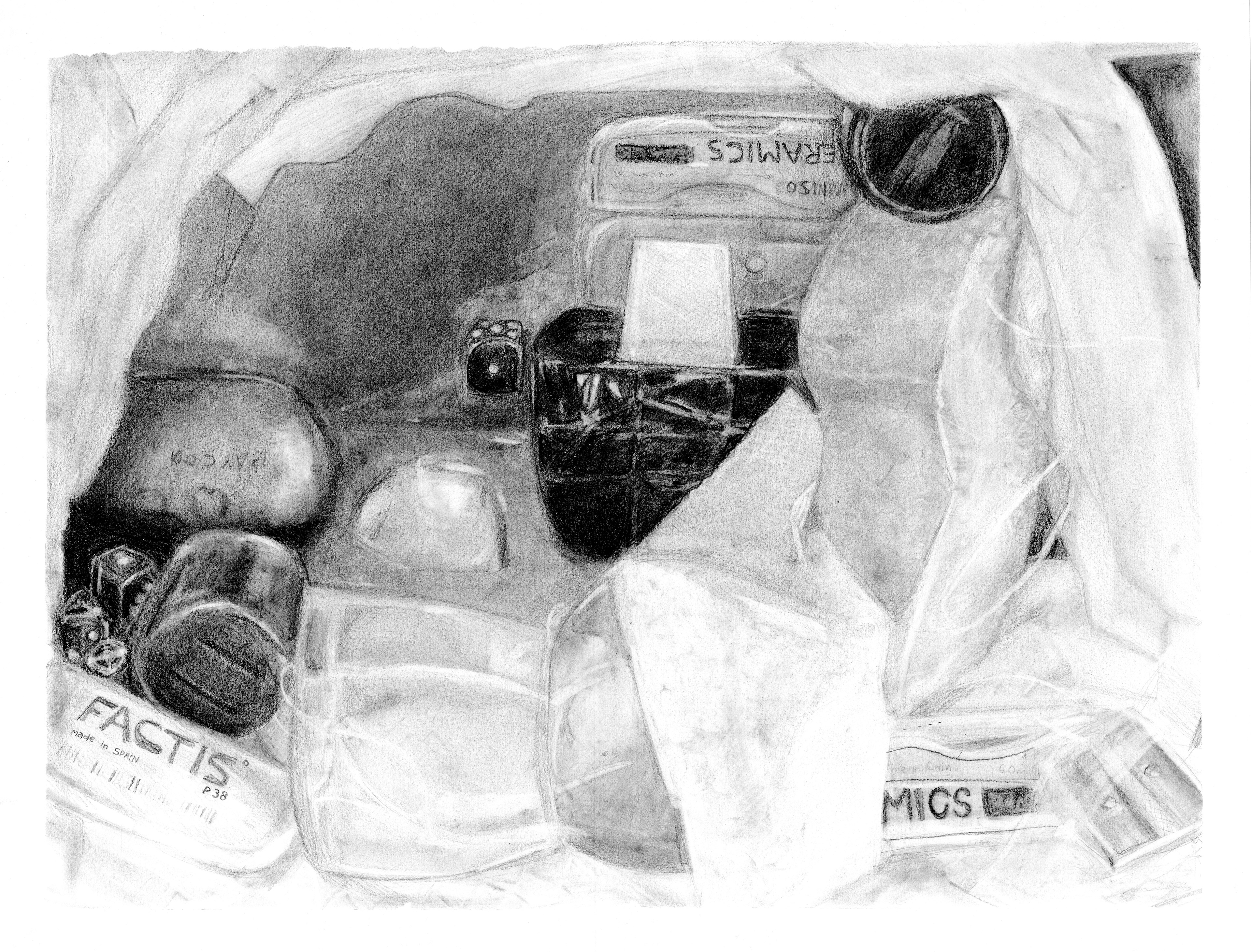 Image ID: A graphite drawing in grayscale depicting a still life of stationary objects such as pencil sharpeners, erasers, pencil lead, and more draped with white fabric and tape.