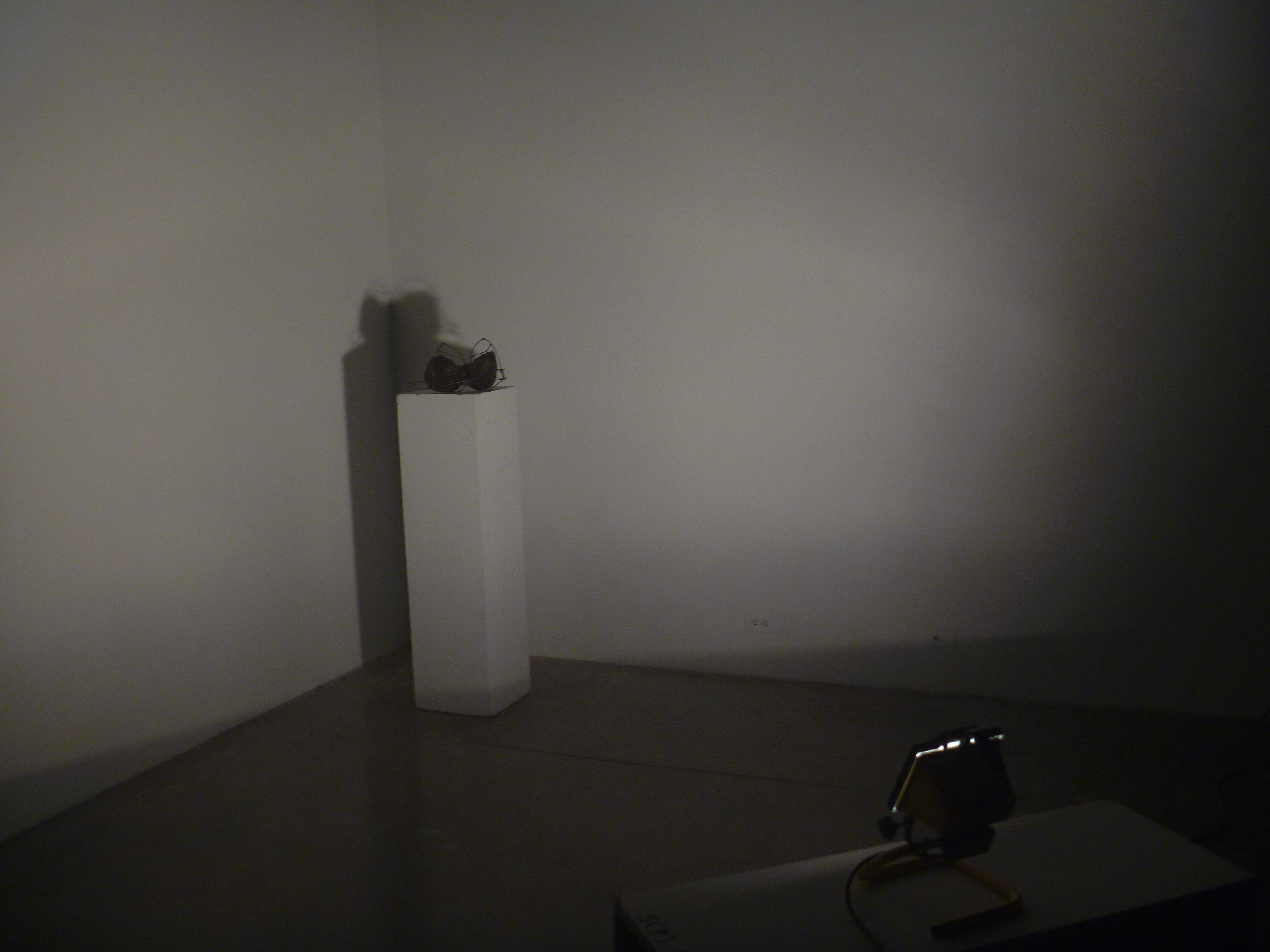 Image ID: A picture at a distance of the sculpture. It is in the shape of a bra and it sits on a pedestal in a corner illuminated by a spotlight on the floor which casts a shadow.