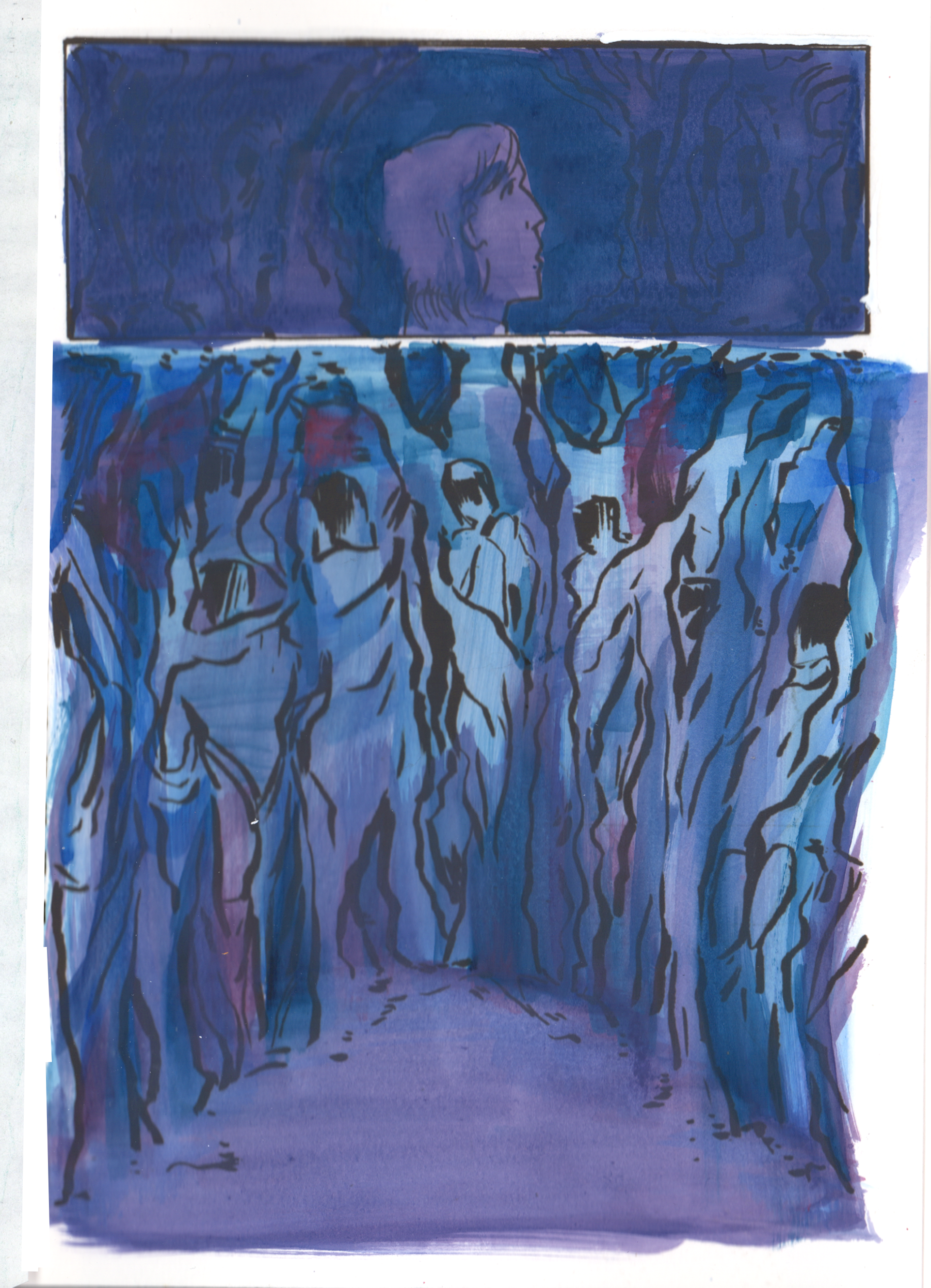 Image ID: A page from the comic with an atmospheric blue and purple forest. People's forms are intertwined with trees and blend together as the character looks about.