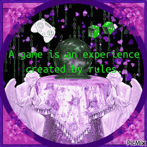 Image ID: Purple flowers frame icons of angels and a table with a crystal ball atop it. Text reads, "a game is an experience created by rules". Icons of dice and a video game controller surround the table. In the background there are green pieces of binary code falling down and purple hearts.