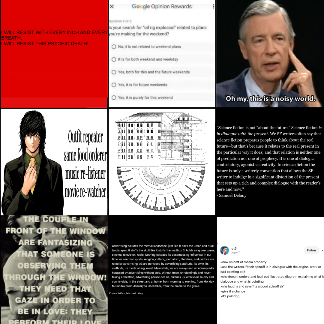 Image ID: A collage of nine text-heavy images in a grid, with an illustration of a panopticon in the center.