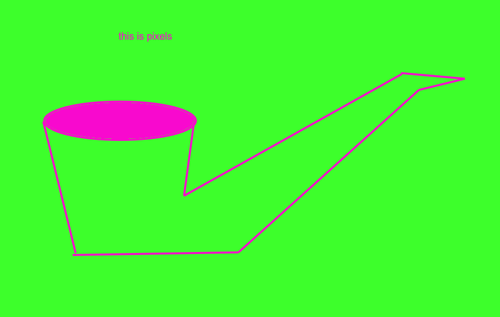 Image ID: A geometric pink drawing of a pipe on top of a neon green background. Pink text above it reads "this is pixels."