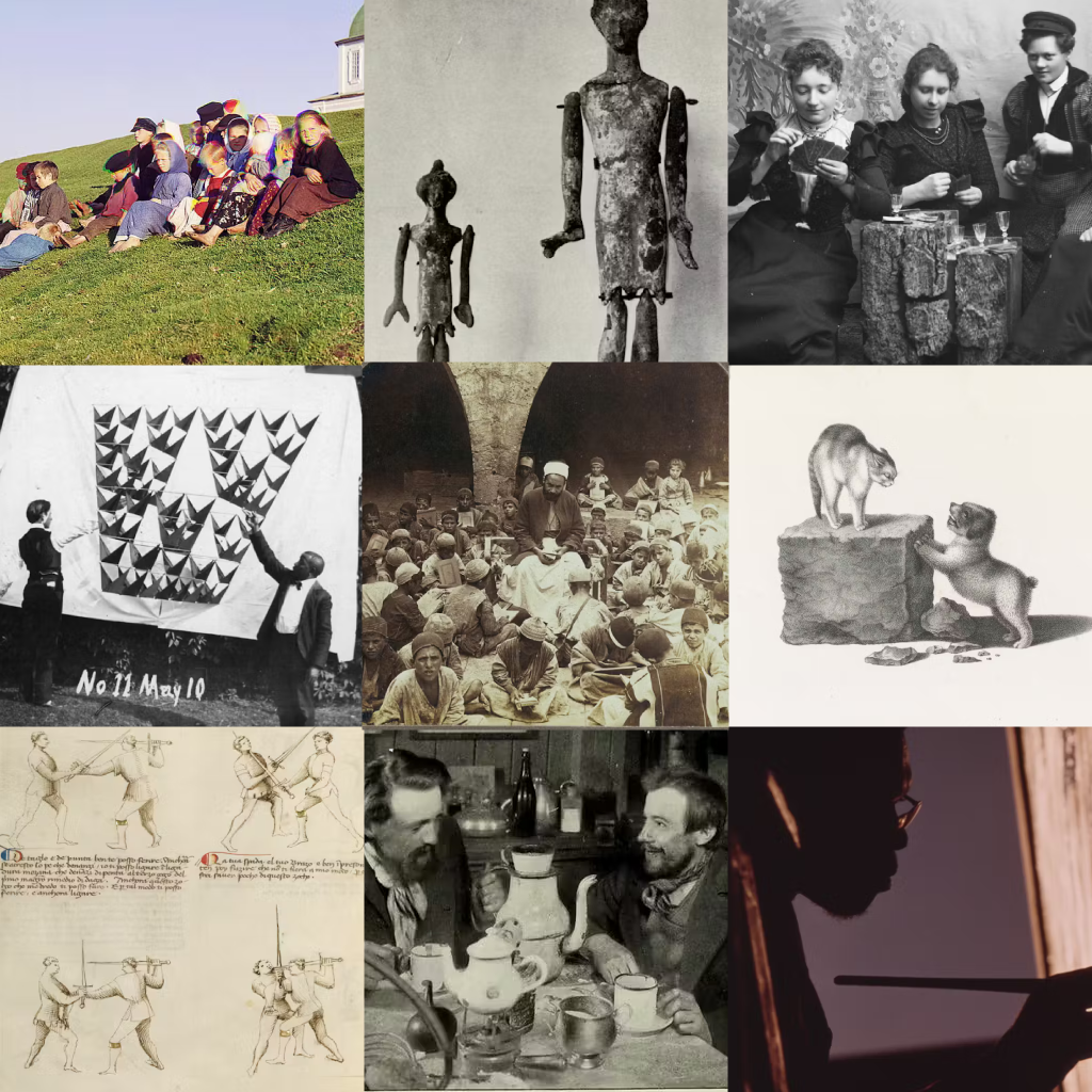 Image ID: A three-by-three grid of old photographs. In order, the first is of a group or children on the grass, the second is of two wooden mannequin dolls of a large and small size, the third is of three people playing cards, the fourth is of people demonstrating something, the fifth is of a teacher surrounded by children, the sixth is a cartoon of a puppy bothering a cat, the seventh is an illustration of swordfighting stances, the seventh is of two people at tea, and the ninth is a close up shot of a man painting.