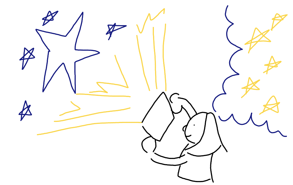 Image ID: A simple drawing of a kid holding a tablet out, with stars and light extending out from it in one direction. There is a thought bubble coming from the child which also pictures stars.