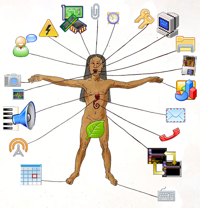Image ID: A pictograph of a nude Mesoamerican zodiac man is in the center of a blank canvas. The man has lines extending from his body to icons of computer icons.
