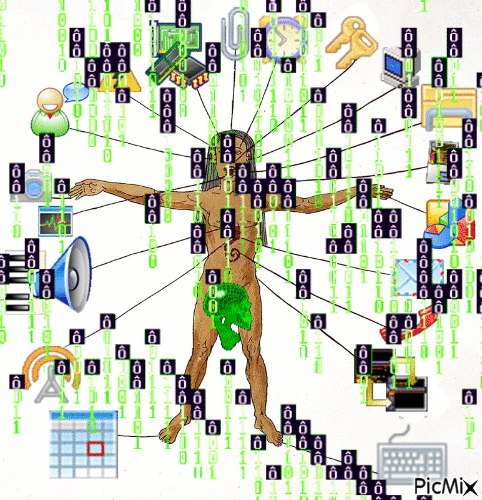 Image ID: A pictograph of a nude Mesoamerican zodiac man is in the center of a blank canvas. The man has lines extending from his body to pulsating icons of computer icons. Binary code of zeroes and ones are rising vertically from bottom to top over the zodiac man.