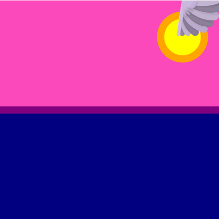 There are color blocks, the first top one is pink indicating a sky at sunset, the bottom blue one indicating a sea. There is a sun in the top right corner. 
